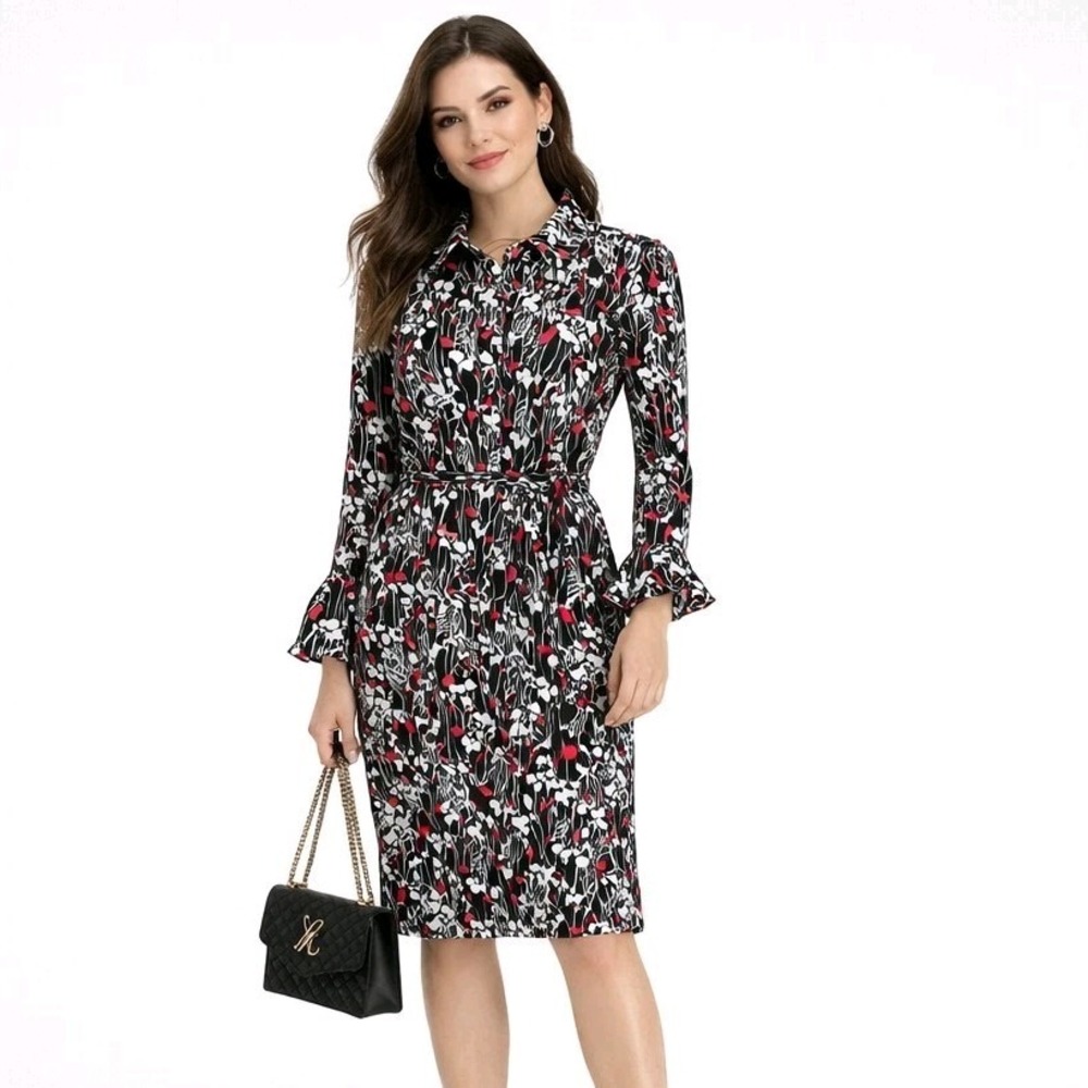 TALBOTS Size XS Ruffle Sleeve Vine Print Jersey Shirtdress Belted Ruffled Dress
